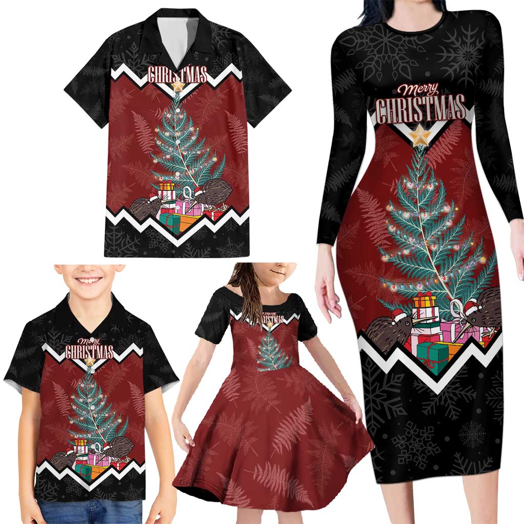 Personalised New Zealand Christmas Family Matching Long Sleeve Bodycon Dress and Hawaiian Shirt Xmas Fern and Kiwi Birds