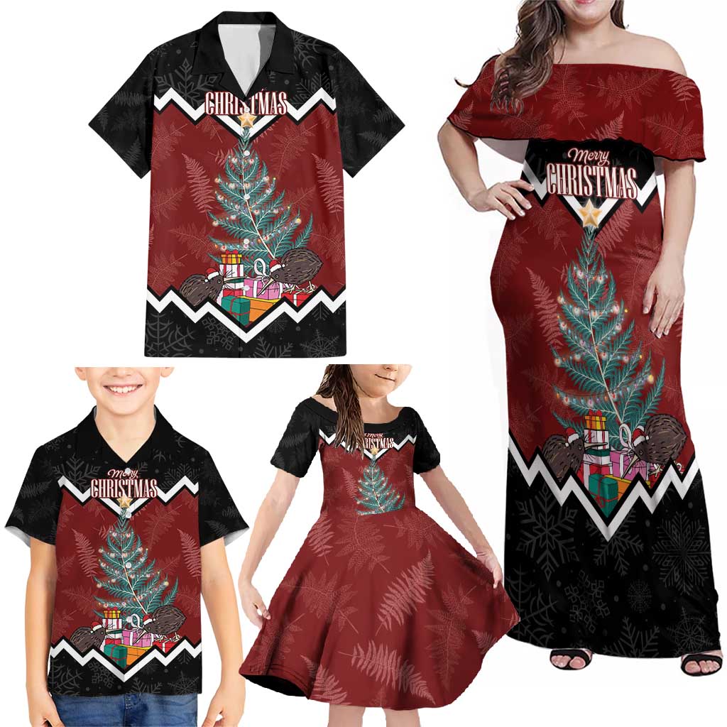 Personalised New Zealand Christmas Family Matching Off Shoulder Maxi Dress and Hawaiian Shirt Xmas Fern and Kiwi Birds