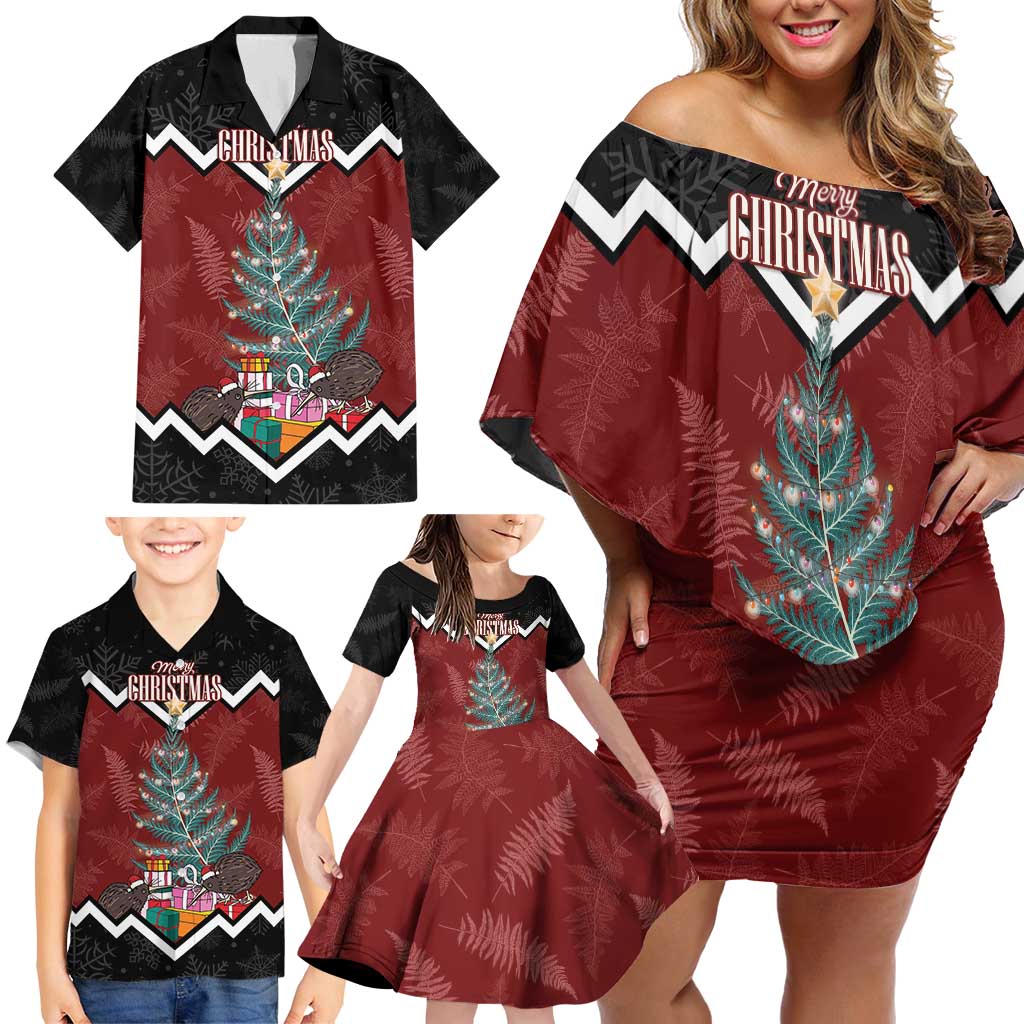 Personalised New Zealand Christmas Family Matching Off Shoulder Short Dress and Hawaiian Shirt Xmas Fern and Kiwi Birds