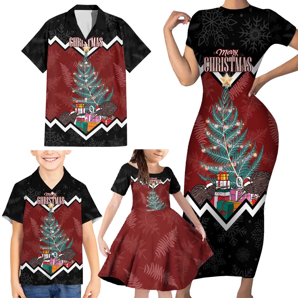 Personalised New Zealand Christmas Family Matching Short Sleeve Bodycon Dress and Hawaiian Shirt Xmas Fern and Kiwi Birds