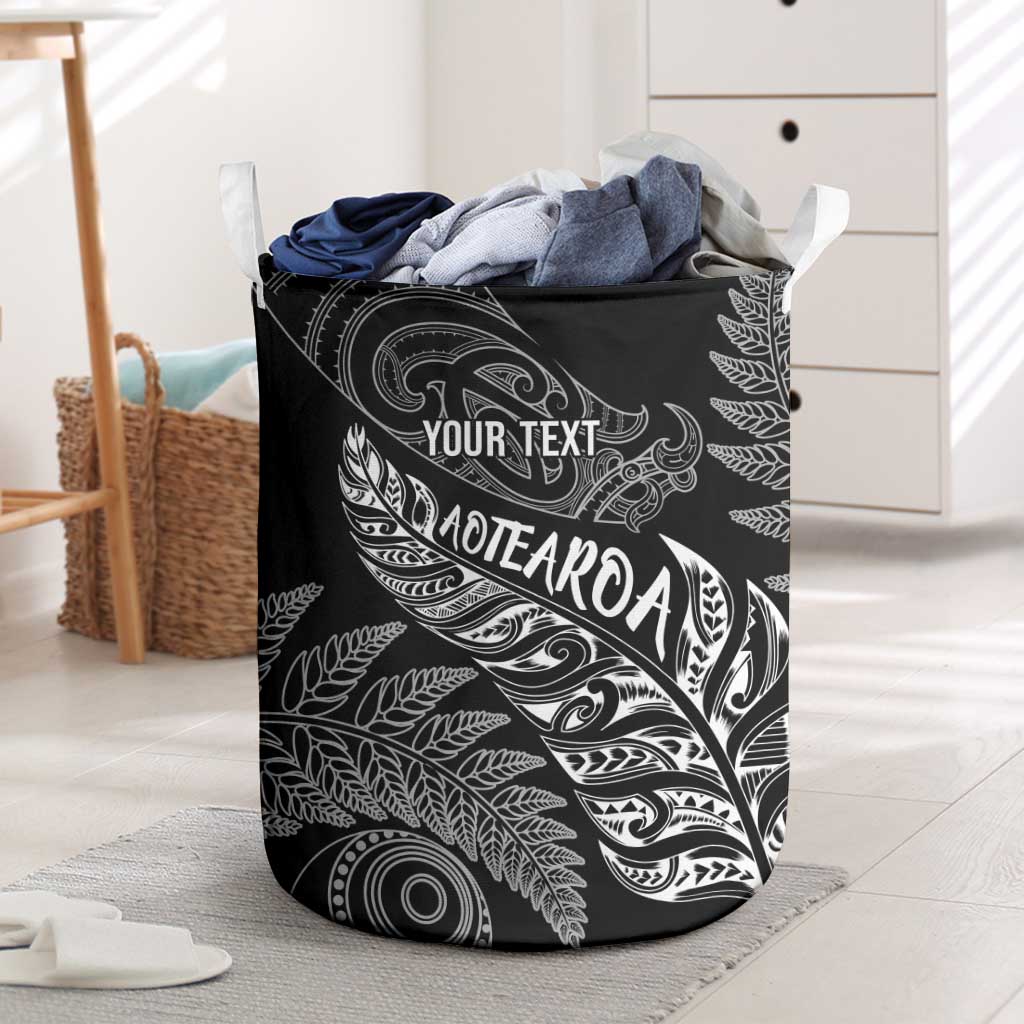 Aotearoa Personalized Lawn Bowls Maori Laundry Basket New Zealand Black Tribal Silver Fern LT7 Black - Polynesian Pride