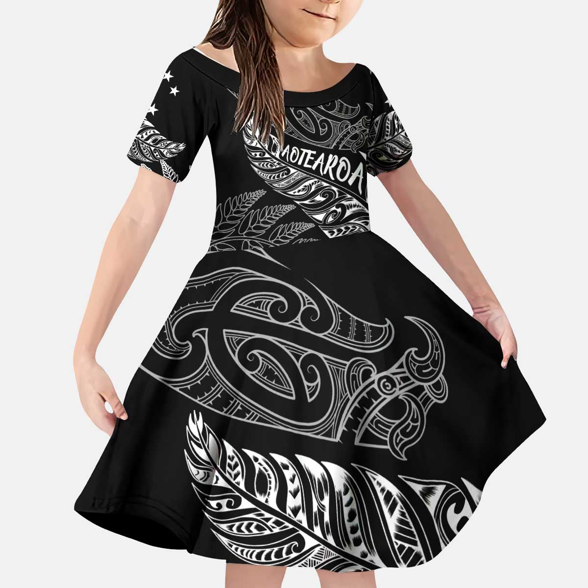 Aotearoa Personalized Lawn Bowls Maori Kid Short Sleeve Dress New Zealand Black Tribal Silver Fern LT7 KID Black - Polynesian Pride