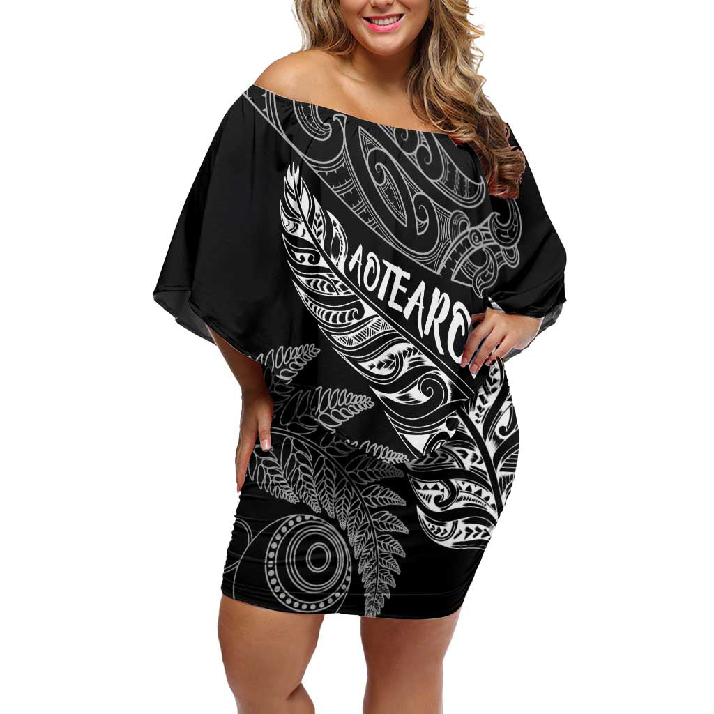 Aotearoa Personalized Lawn Bowls Maori Off Shoulder Short Dress New Zealand Black Tribal Silver Fern LT7 Women Black - Polynesian Pride