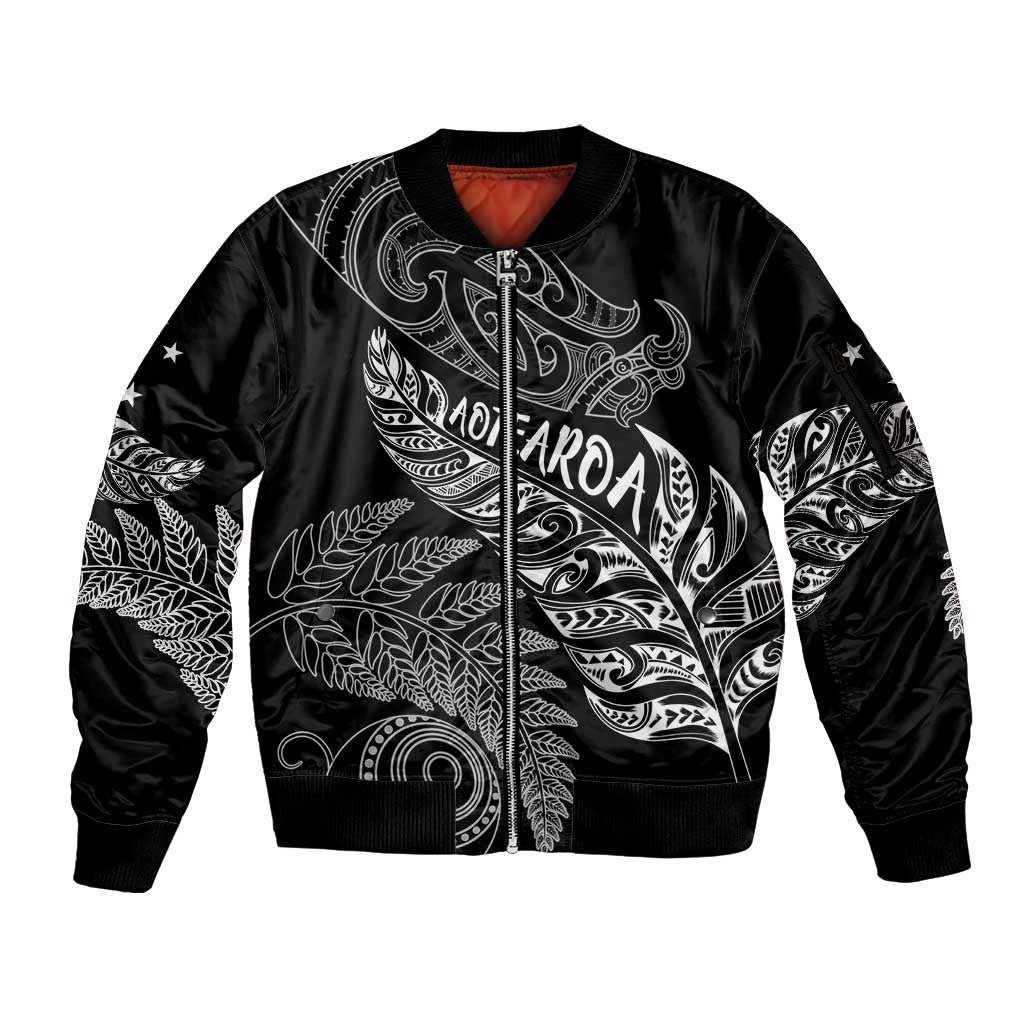 Aotearoa Personalized Lawn Bowls Maori Sleeve Zip Bomber Jacket New Zealand Black Tribal Silver Fern LT7 Unisex Black - Polynesian Pride