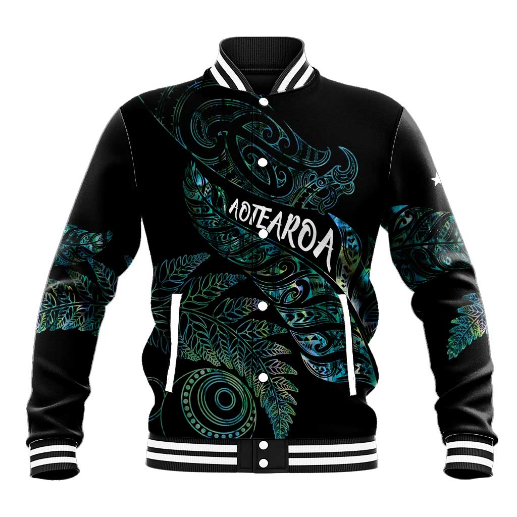 Aotearoa Personalized Lawn Bowls Maori Baseball Jacket New Zealand Paua Shell Tribal Silver Fern LT7 Unisex Green - Polynesian Pride