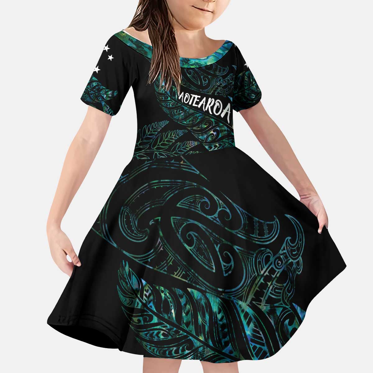 Aotearoa Personalized Lawn Bowls Maori Kid Short Sleeve Dress New Zealand Paua Shell Tribal Silver Fern LT7 KID Green - Polynesian Pride