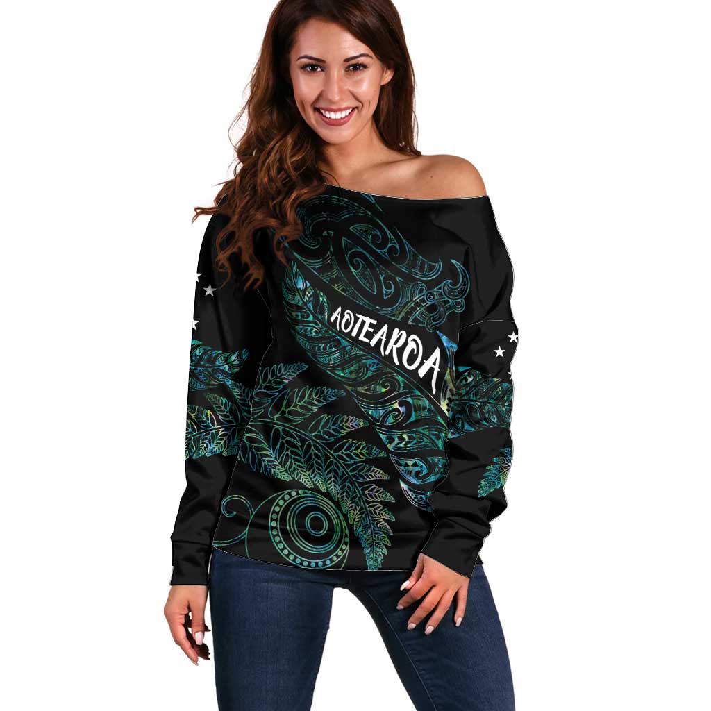 Aotearoa Personalized Lawn Bowls Maori Off Shoulder Sweater New Zealand Paua Shell Tribal Silver Fern LT7 Women Green - Polynesian Pride