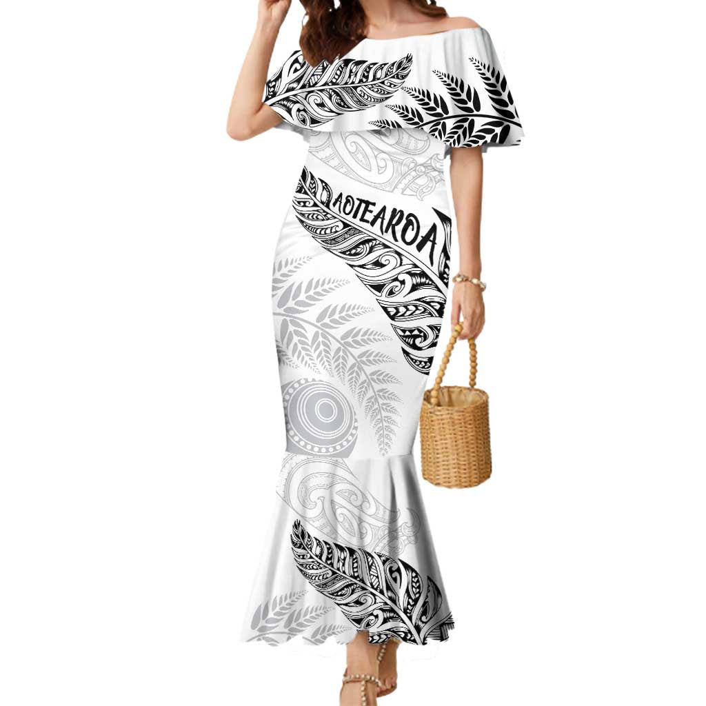 Aotearoa Personalized Lawn Bowls Maori Mermaid Dress New Zealand White Tribal Silver Fern LT7 Women White - Polynesian Pride
