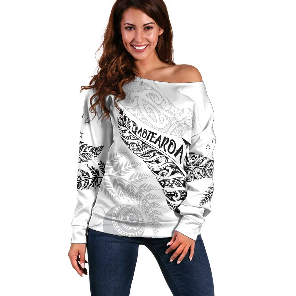 Aotearoa Personalized Lawn Bowls Maori Off Shoulder Sweater New Zealand White Tribal Silver Fern LT7 Women White - Polynesian Pride