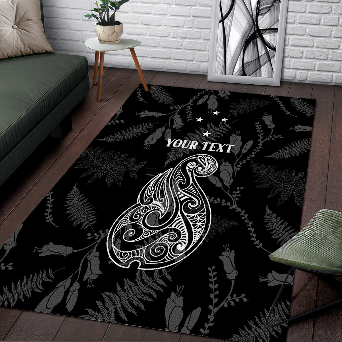 Personalised Maori Waitangi Area Rug New Zealand Silver Fern Mix Kowhai Flowers LT7 Black - Polynesian Pride