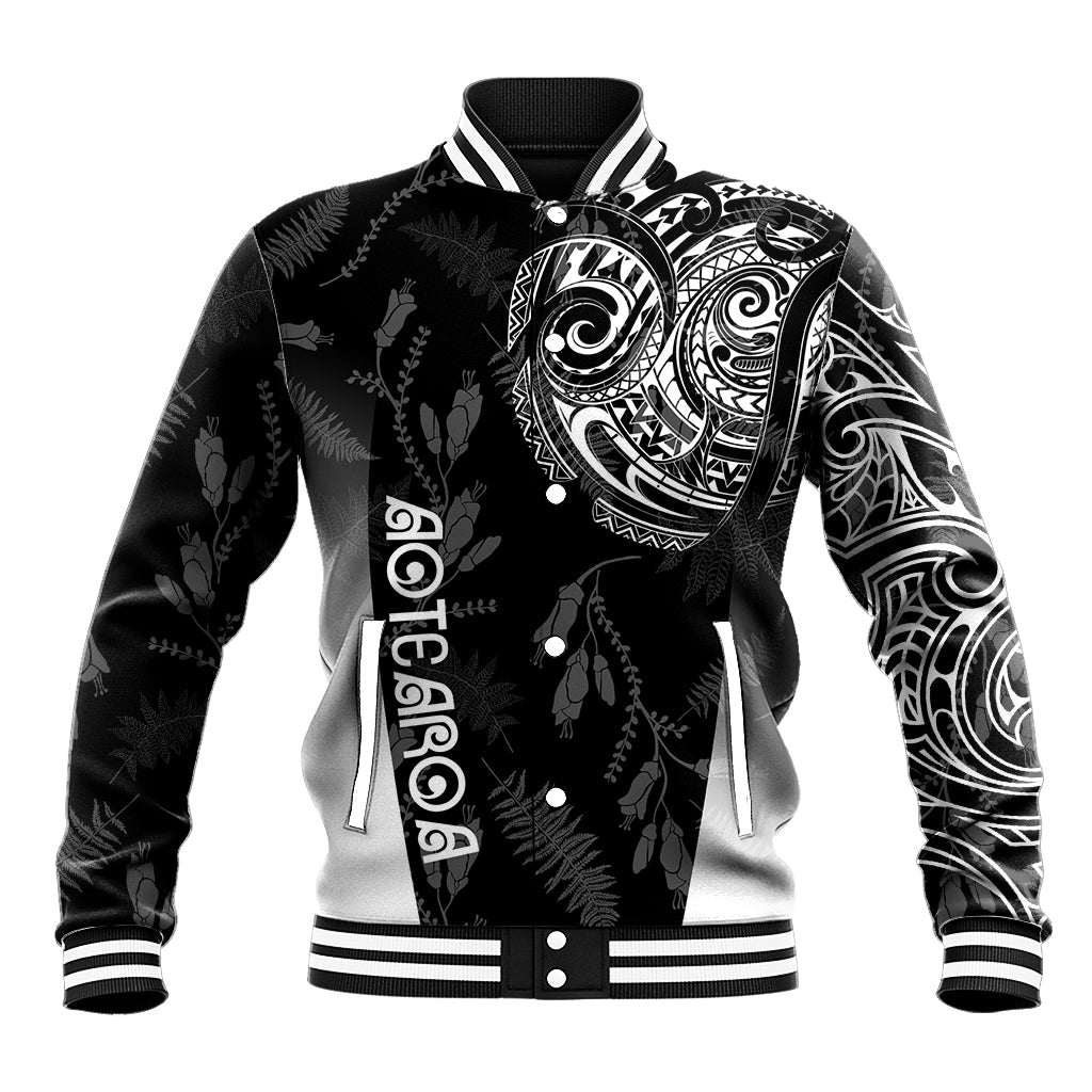 Personalised Maori Waitangi Baseball Jacket New Zealand Silver Fern Mix Kowhai Flowers LT7 Unisex Black - Polynesian Pride