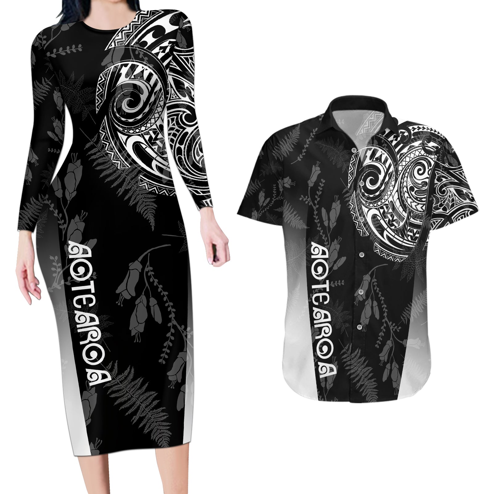 Personalised Maori Waitangi Couples Matching Long Sleeve Bodycon Dress and Hawaiian Shirt New Zealand Silver Fern Mix Kowhai Flowers LT7 Black - Polynesian Pride