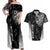 Personalised Maori Waitangi Couples Matching Off Shoulder Maxi Dress and Hawaiian Shirt New Zealand Silver Fern Mix Kowhai Flowers LT7 Black - Polynesian Pride