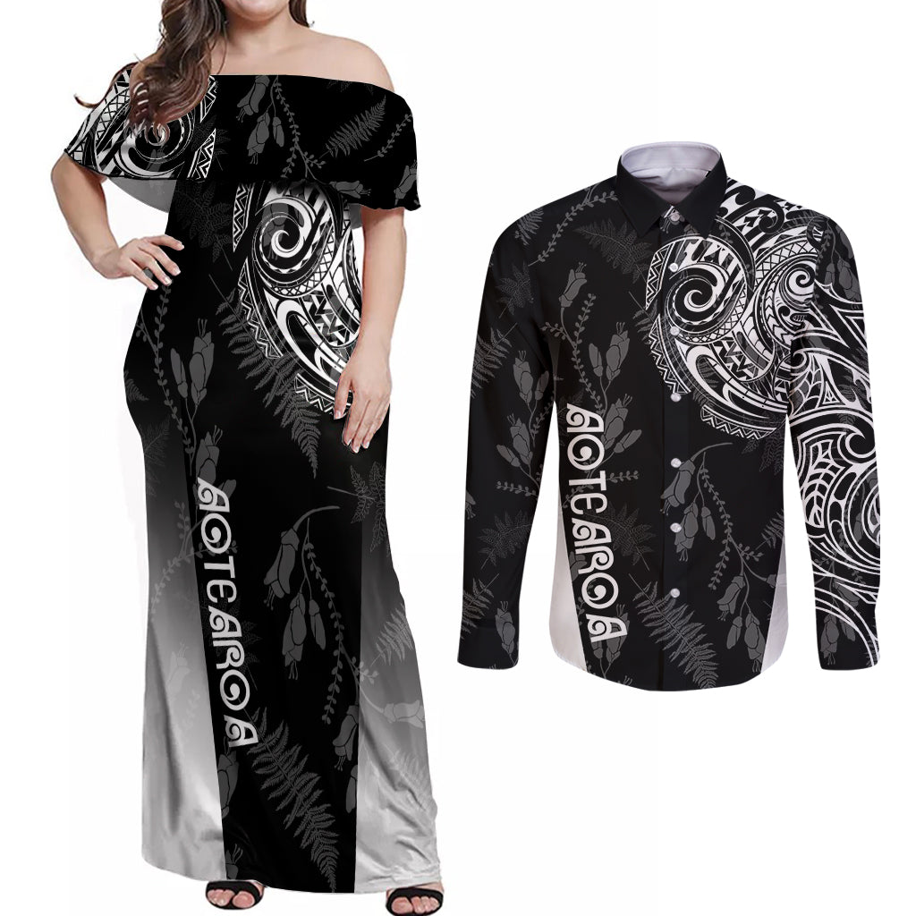 Personalised Maori Waitangi Couples Matching Off Shoulder Maxi Dress and Long Sleeve Button Shirt New Zealand Silver Fern Mix Kowhai Flowers LT7 Black - Polynesian Pride