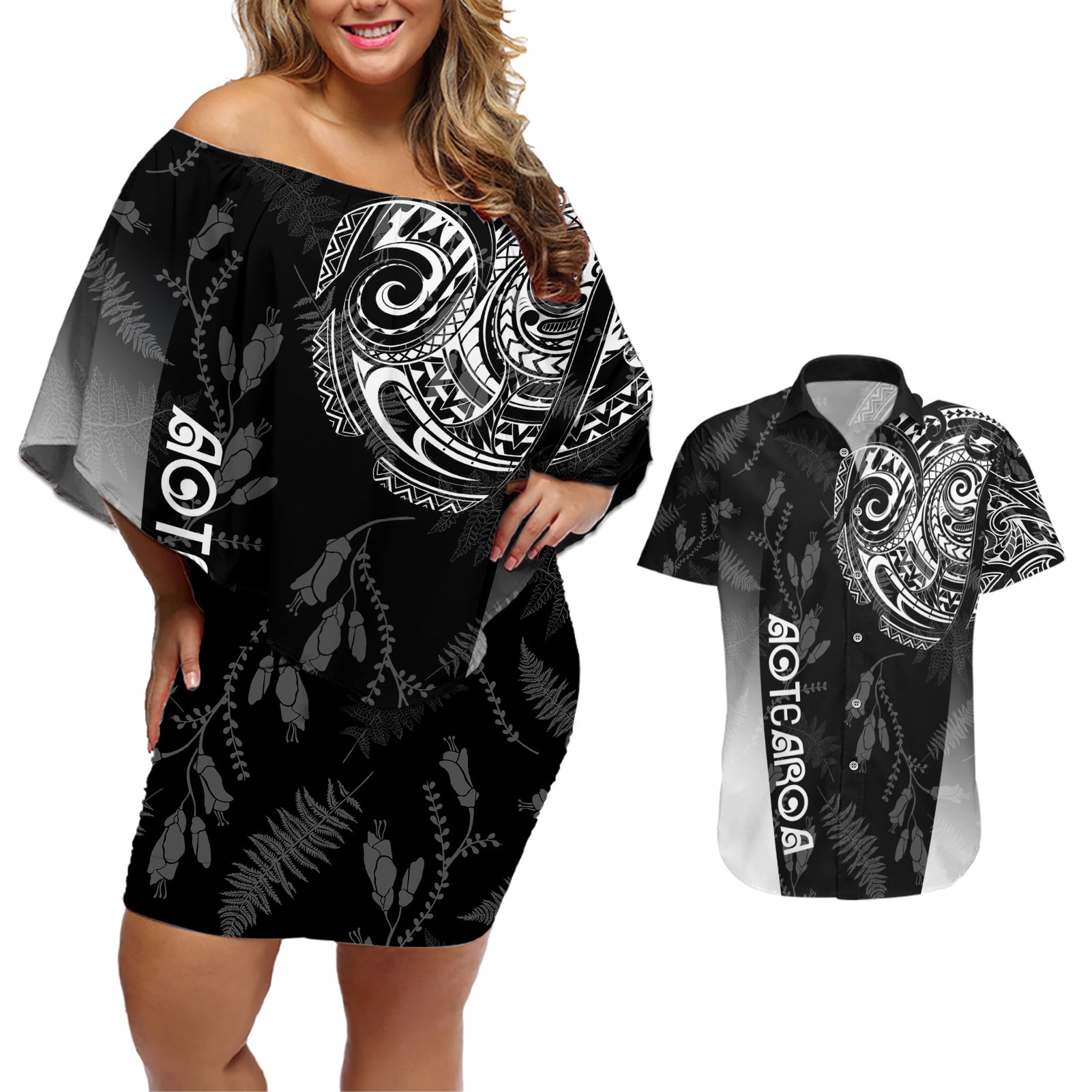 Personalised Maori Waitangi Couples Matching Off Shoulder Short Dress and Hawaiian Shirt New Zealand Silver Fern Mix Kowhai Flowers LT7 Black - Polynesian Pride