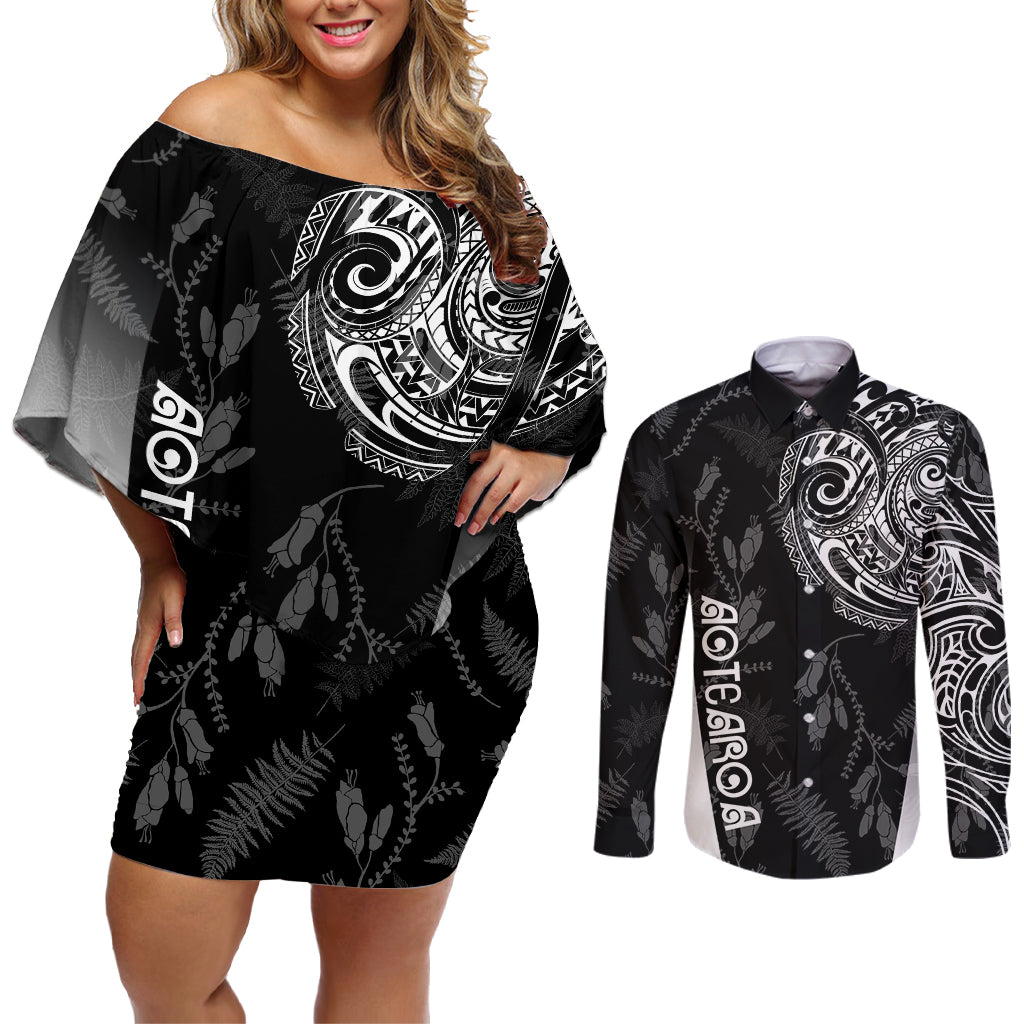 Personalised Maori Waitangi Couples Matching Off Shoulder Short Dress and Long Sleeve Button Shirt New Zealand Silver Fern Mix Kowhai Flowers LT7 Black - Polynesian Pride