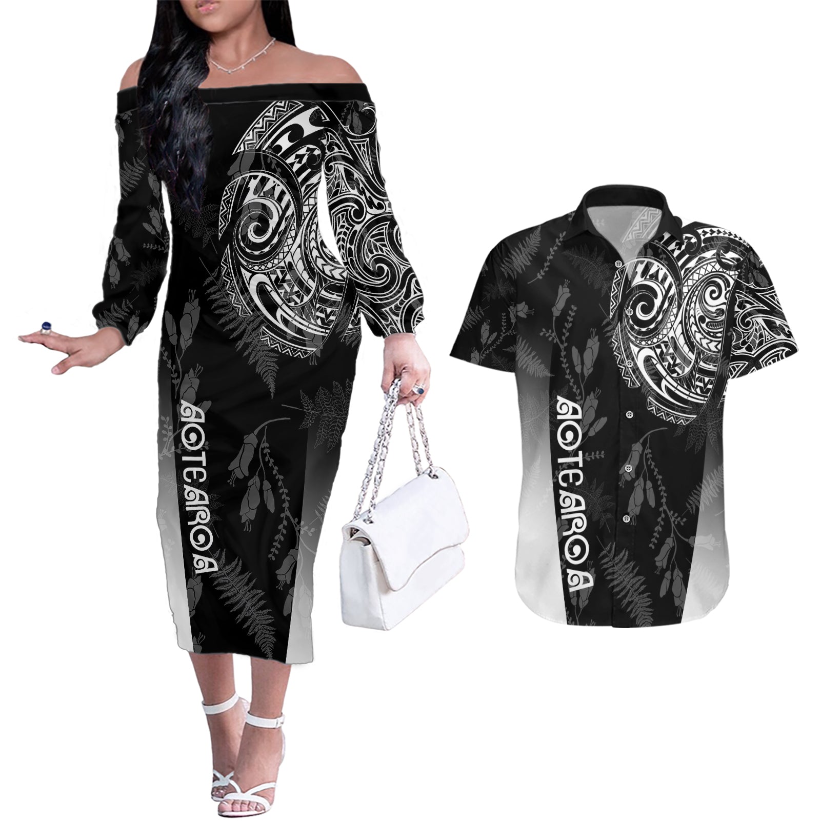 Personalised Maori Waitangi Couples Matching Off The Shoulder Long Sleeve Dress and Hawaiian Shirt New Zealand Silver Fern Mix Kowhai Flowers LT7 Black - Polynesian Pride