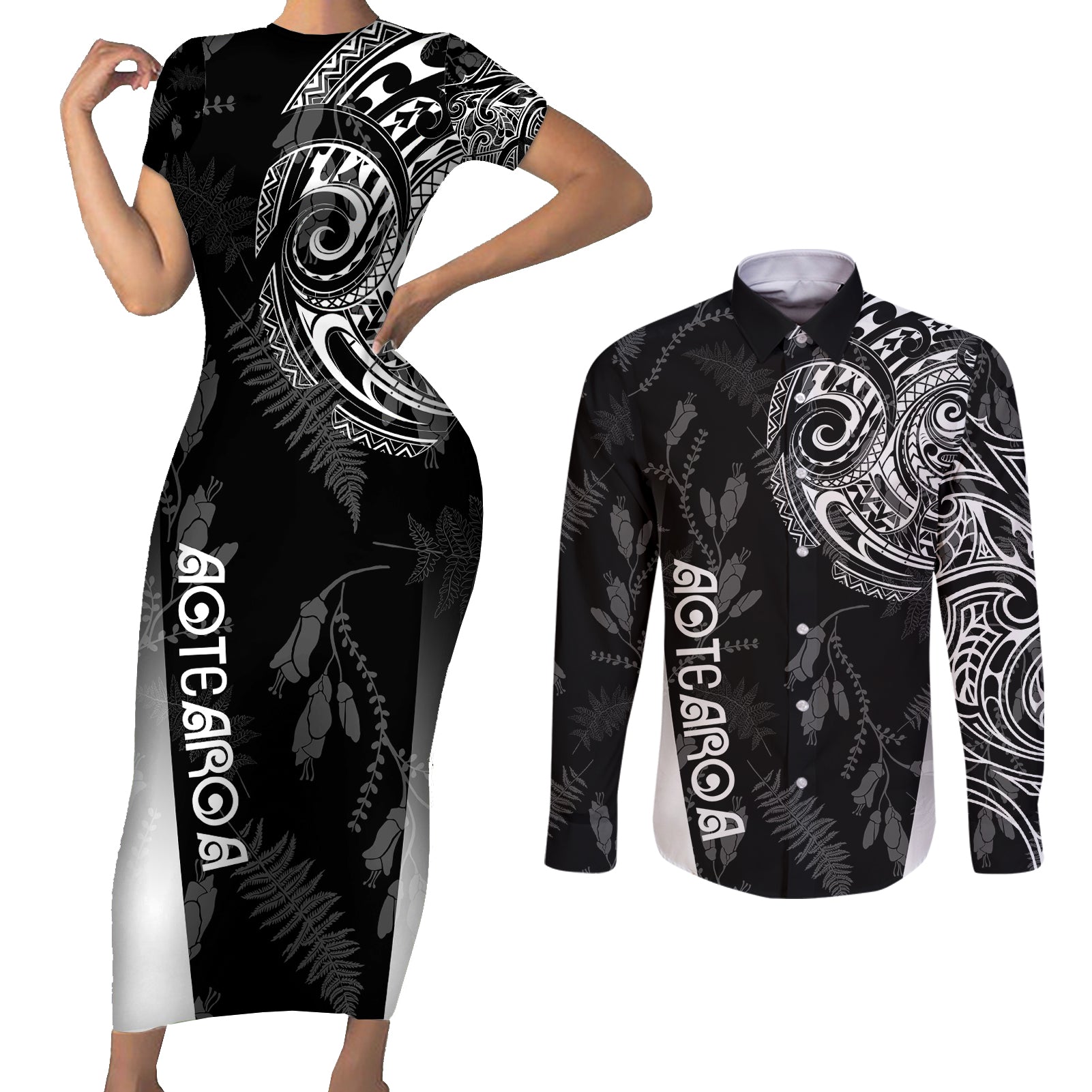 Personalised Maori Waitangi Couples Matching Short Sleeve Bodycon Dress and Long Sleeve Button Shirt New Zealand Silver Fern Mix Kowhai Flowers LT7 Black - Polynesian Pride