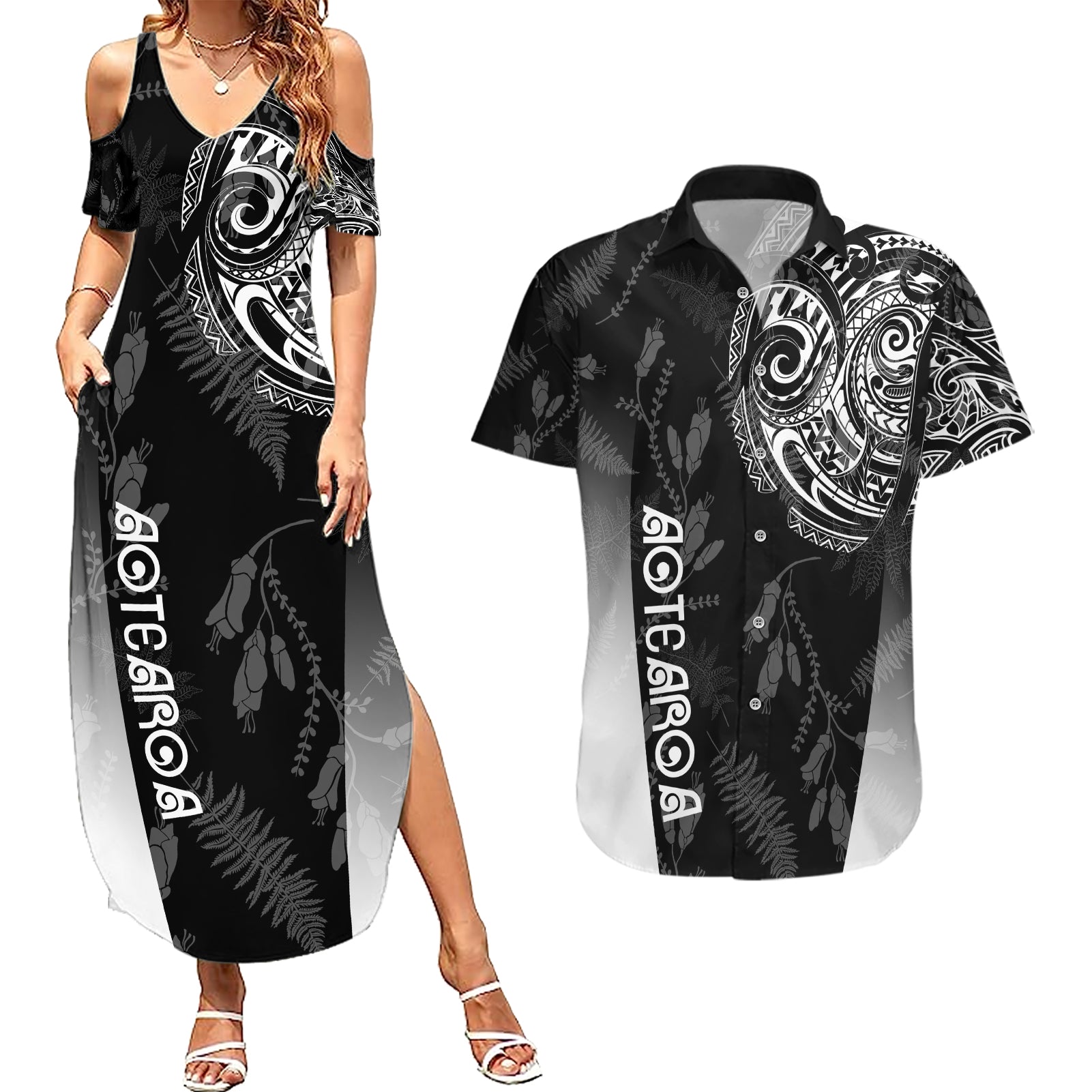 Personalised Maori Waitangi Couples Matching Summer Maxi Dress and Hawaiian Shirt New Zealand Silver Fern Mix Kowhai Flowers LT7 Black - Polynesian Pride