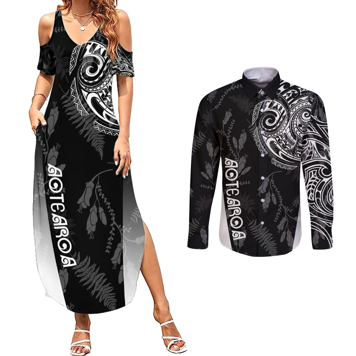 Personalised Maori Waitangi Couples Matching Summer Maxi Dress and Long Sleeve Button Shirt New Zealand Silver Fern Mix Kowhai Flowers LT7 Black - Polynesian Pride