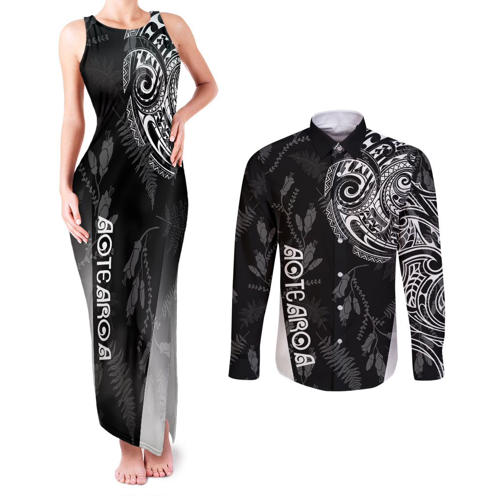 Personalised Maori Waitangi Couples Matching Tank Maxi Dress and Long Sleeve Button Shirt New Zealand Silver Fern Mix Kowhai Flowers LT7 Black - Polynesian Pride