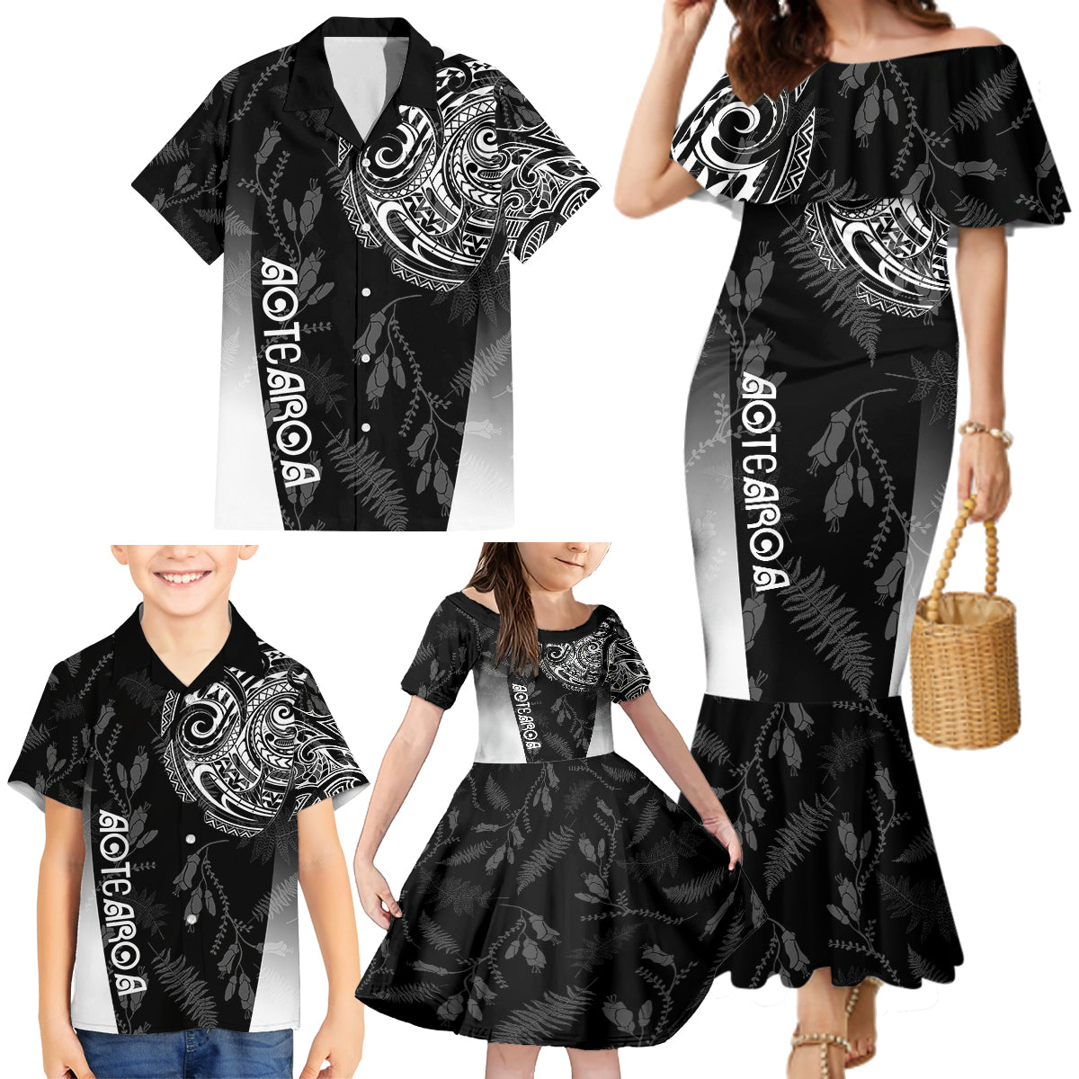 Personalised Maori Waitangi Family Matching Mermaid Dress and Hawaiian Shirt New Zealand Silver Fern Mix Kowhai Flowers LT7 - Polynesian Pride