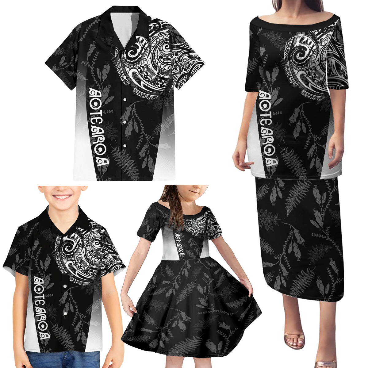 Personalised Maori Waitangi Family Matching Puletasi Dress and Hawaiian Shirt New Zealand Silver Fern Mix Kowhai Flowers LT7 - Polynesian Pride