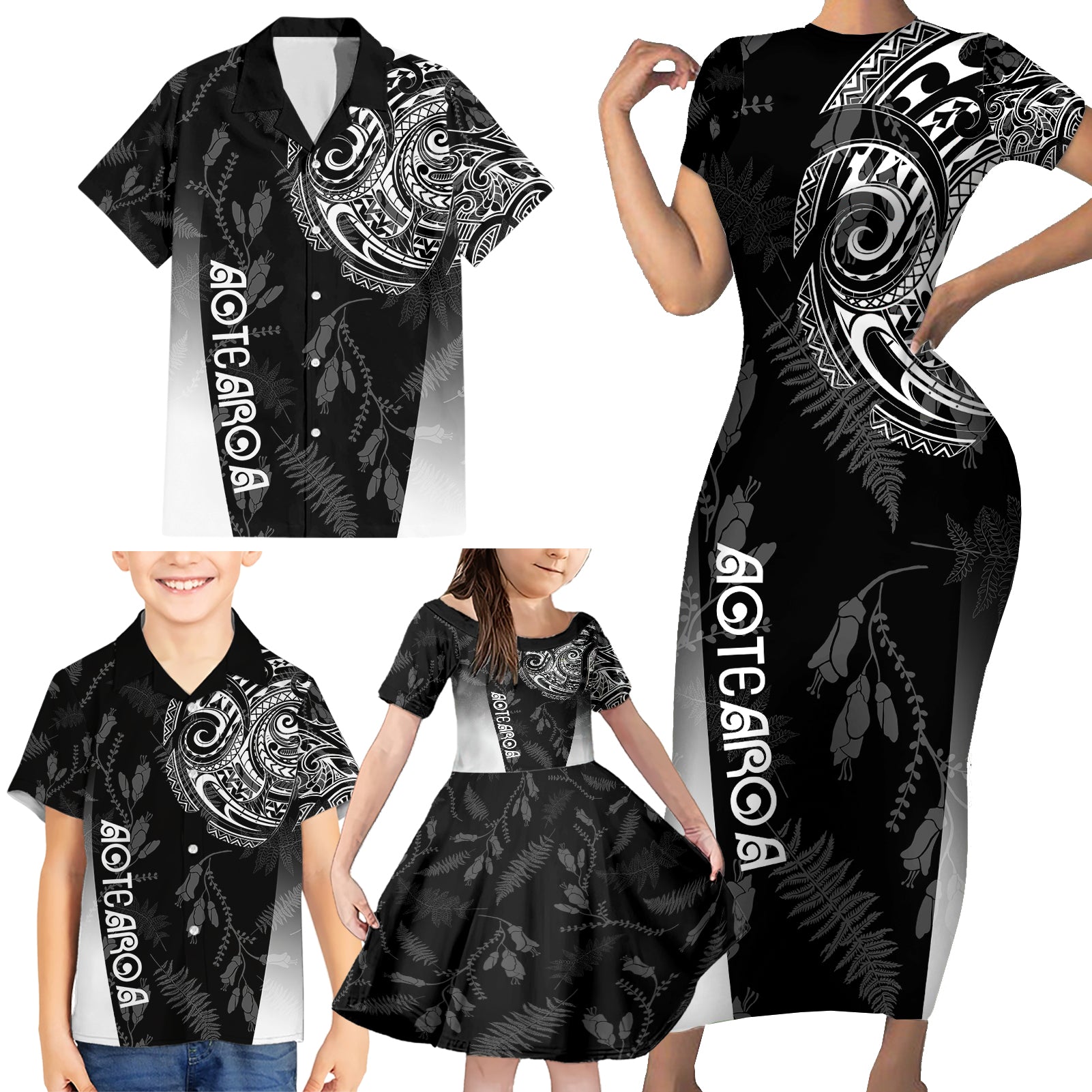 Personalised Maori Waitangi Family Matching Short Sleeve Bodycon Dress and Hawaiian Shirt New Zealand Silver Fern Mix Kowhai Flowers LT7 - Polynesian Pride