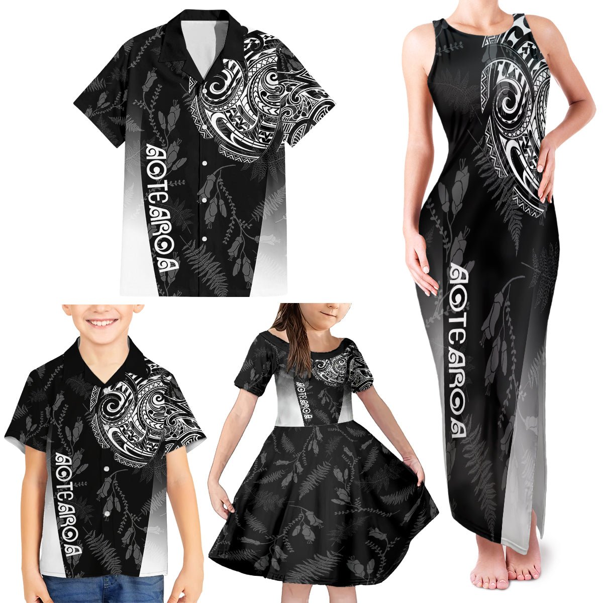 Personalised Maori Waitangi Family Matching Tank Maxi Dress and Hawaiian Shirt New Zealand Silver Fern Mix Kowhai Flowers LT7 - Polynesian Pride