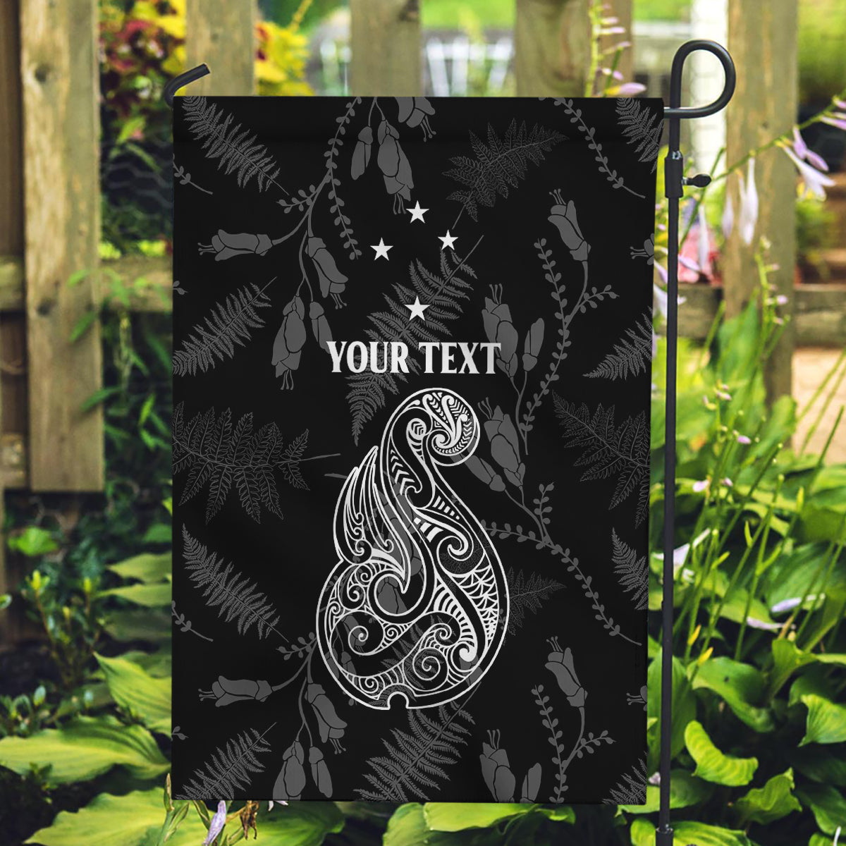 Personalised Maori Waitangi Garden Flag New Zealand Silver Fern Mix Kowhai Flowers LT7 Garden Flag Black - Polynesian Pride