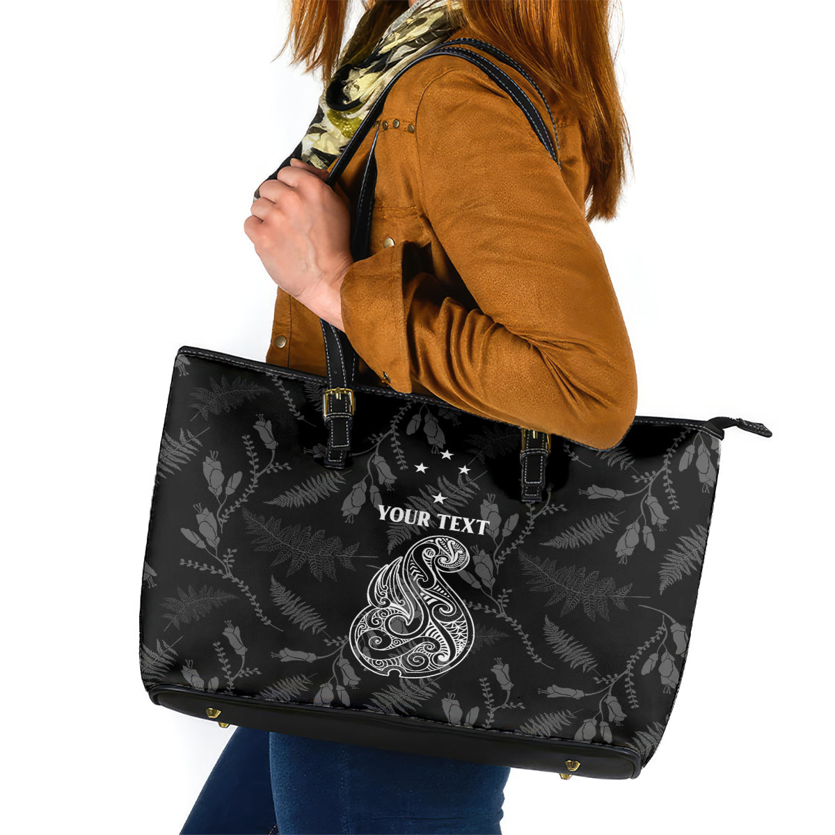 Personalised Maori Waitangi Leather Tote Bag New Zealand Silver Fern Mix Kowhai Flowers LT7 Black - Polynesian Pride