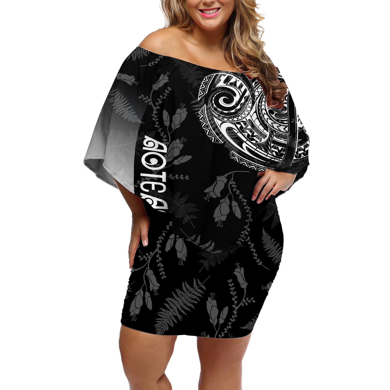 Personalised Maori Waitangi Off Shoulder Short Dress New Zealand Silver Fern Mix Kowhai Flowers LT7 Women Black - Polynesian Pride