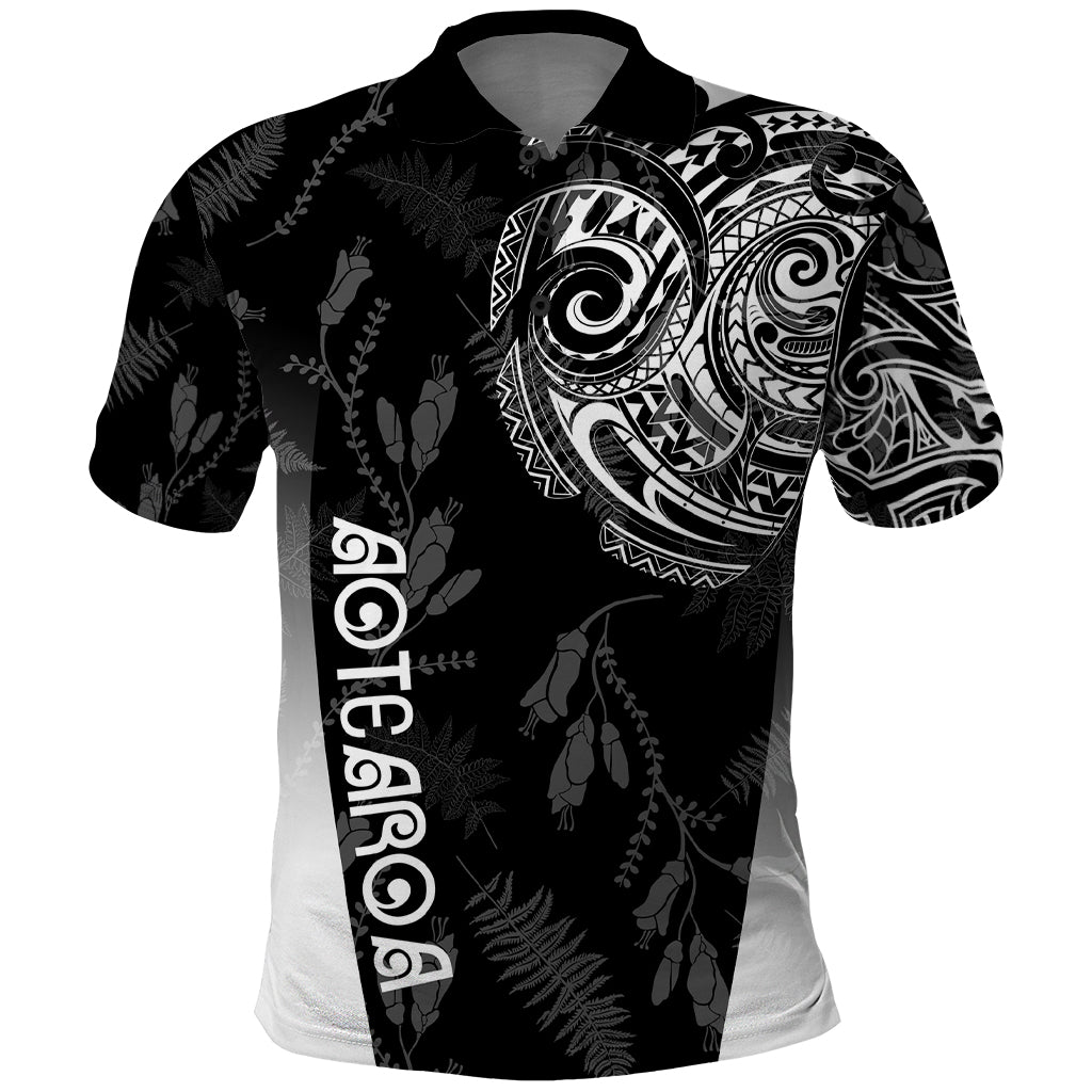 Personalised Maori Waitangi Polo Shirt New Zealand Silver Fern Mix Kowhai Flowers LT7 Black - Polynesian Pride