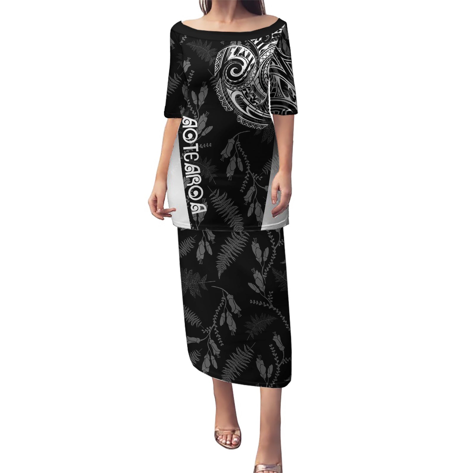 Personalised Maori Waitangi Puletasi New Zealand Silver Fern Mix Kowhai Flowers LT7 Long Dress Black - Polynesian Pride