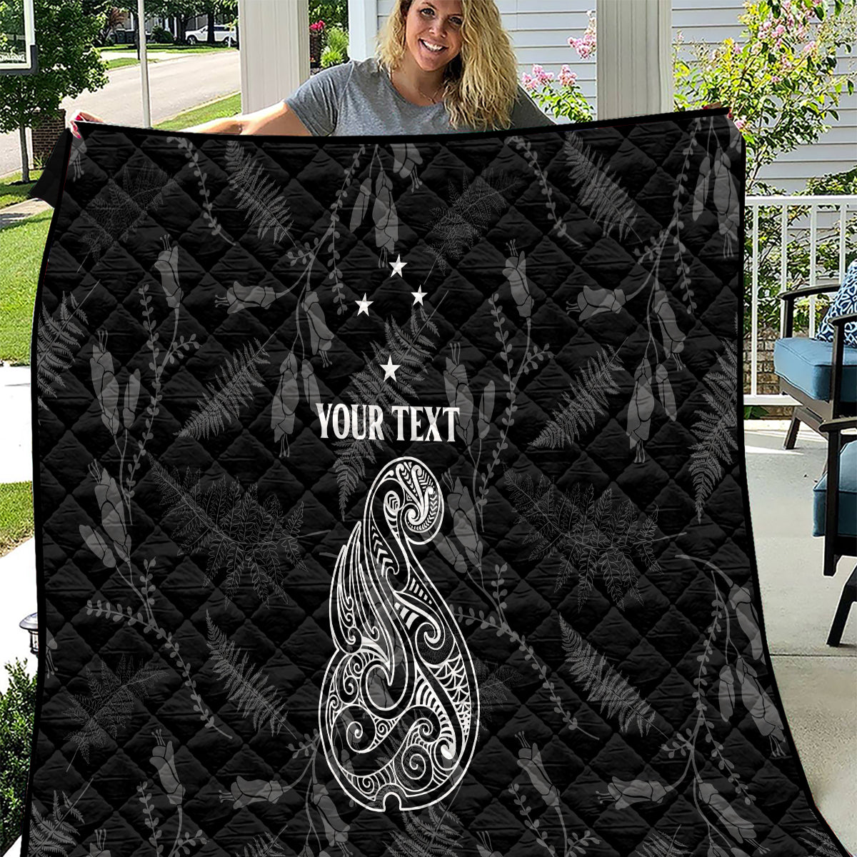 Personalised Maori Waitangi Quilt New Zealand Silver Fern Mix Kowhai Flowers LT7 Black - Polynesian Pride