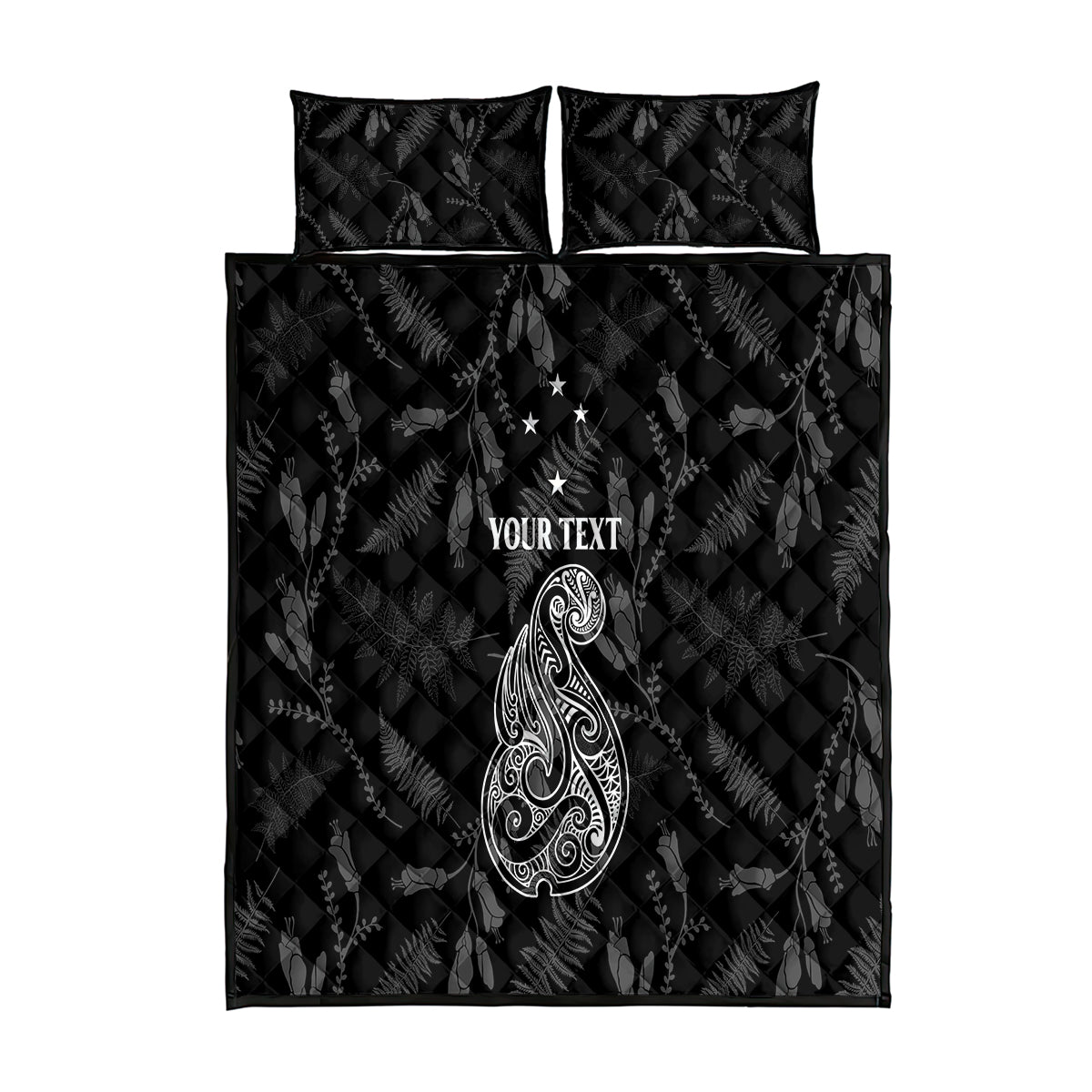 Personalised Maori Waitangi Quilt Bed Set New Zealand Silver Fern Mix Kowhai Flowers LT7 Black - Polynesian Pride