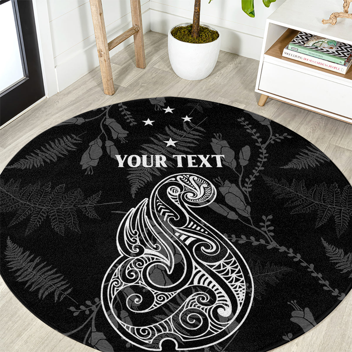 Personalised Maori Waitangi Round Carpet New Zealand Silver Fern Mix Kowhai Flowers LT7 Black - Polynesian Pride