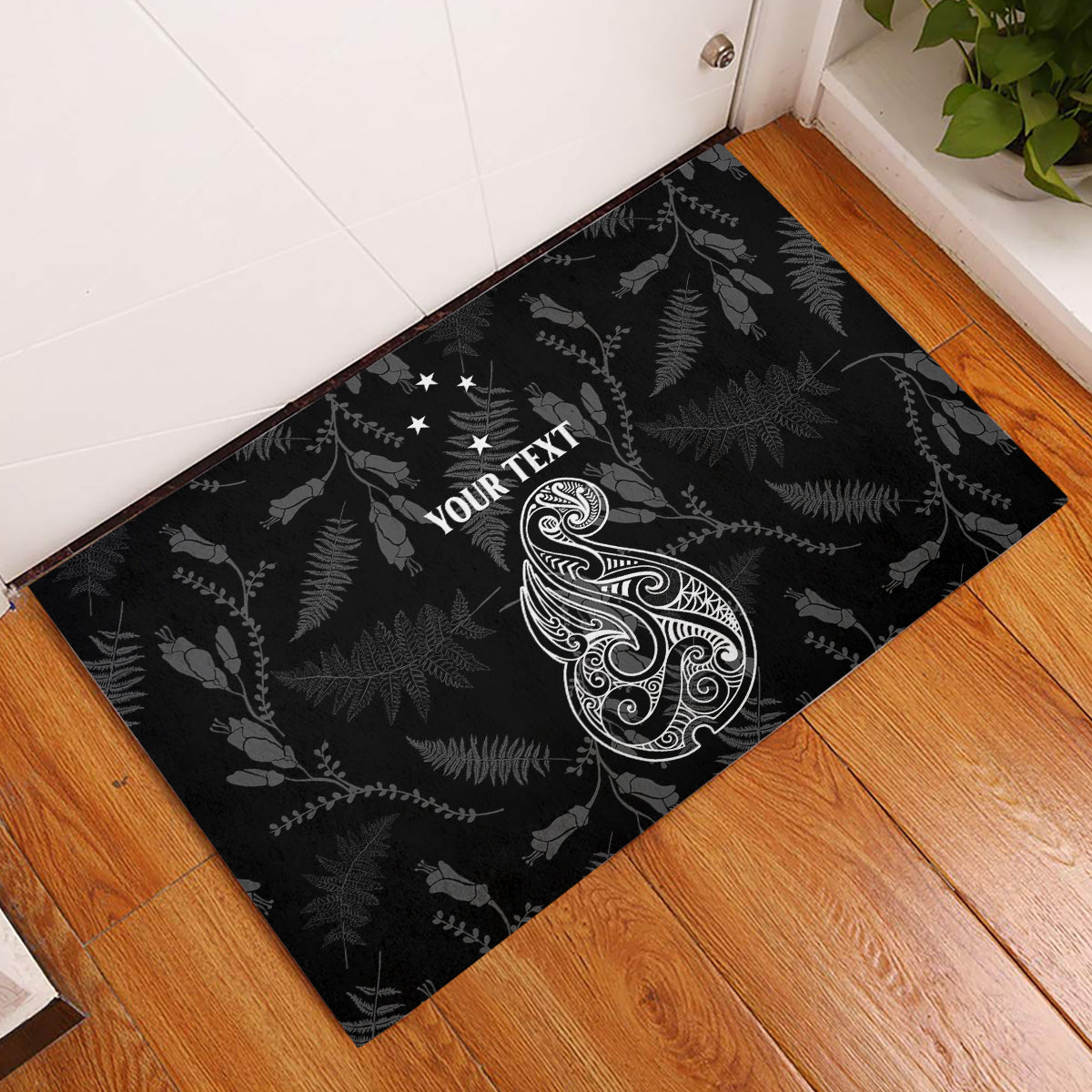 Personalised Maori Waitangi Rubber Doormat New Zealand Silver Fern Mix Kowhai Flowers LT7 Black - Polynesian Pride