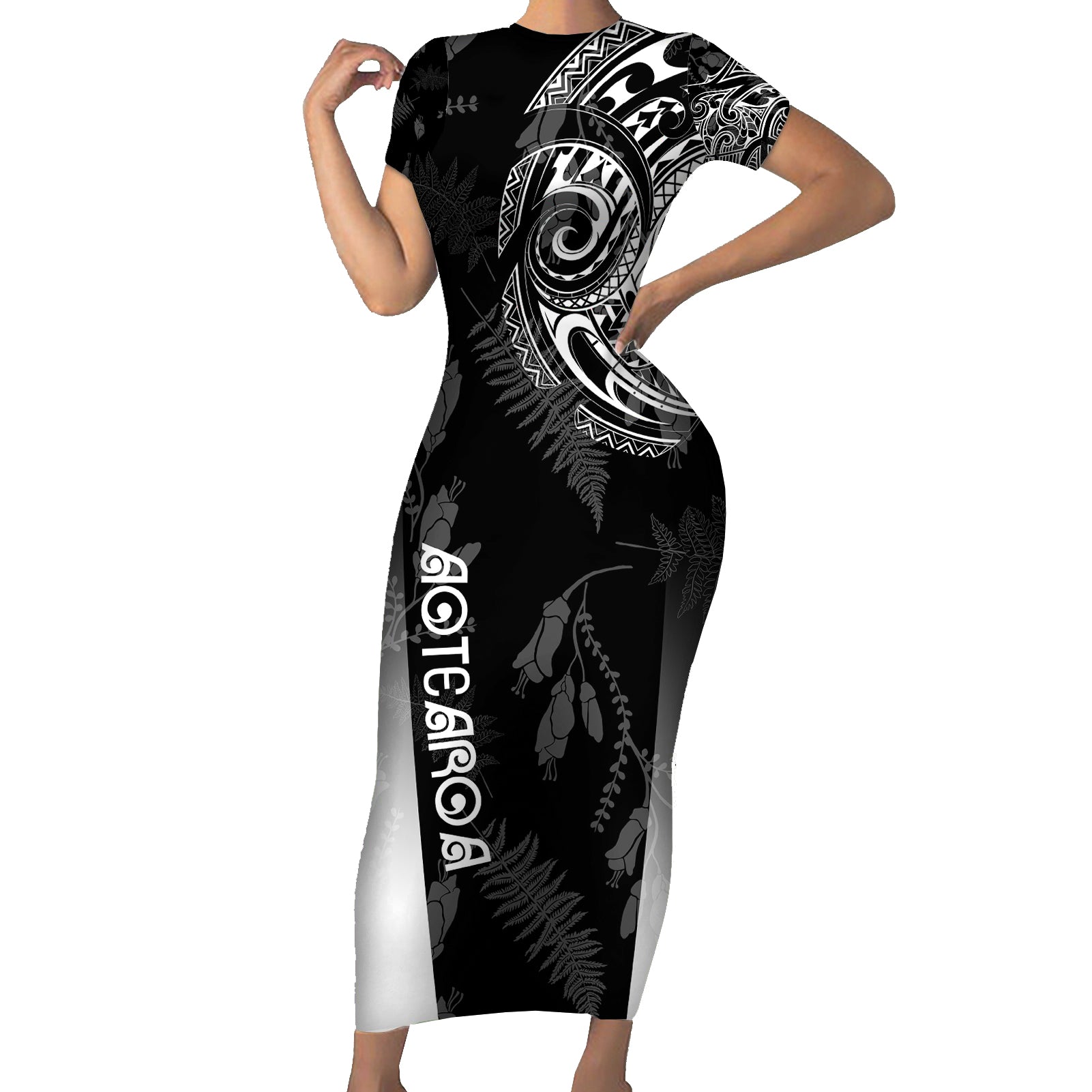 Personalised Maori Waitangi Short Sleeve Bodycon Dress New Zealand Silver Fern Mix Kowhai Flowers LT7 Long Dress Black - Polynesian Pride