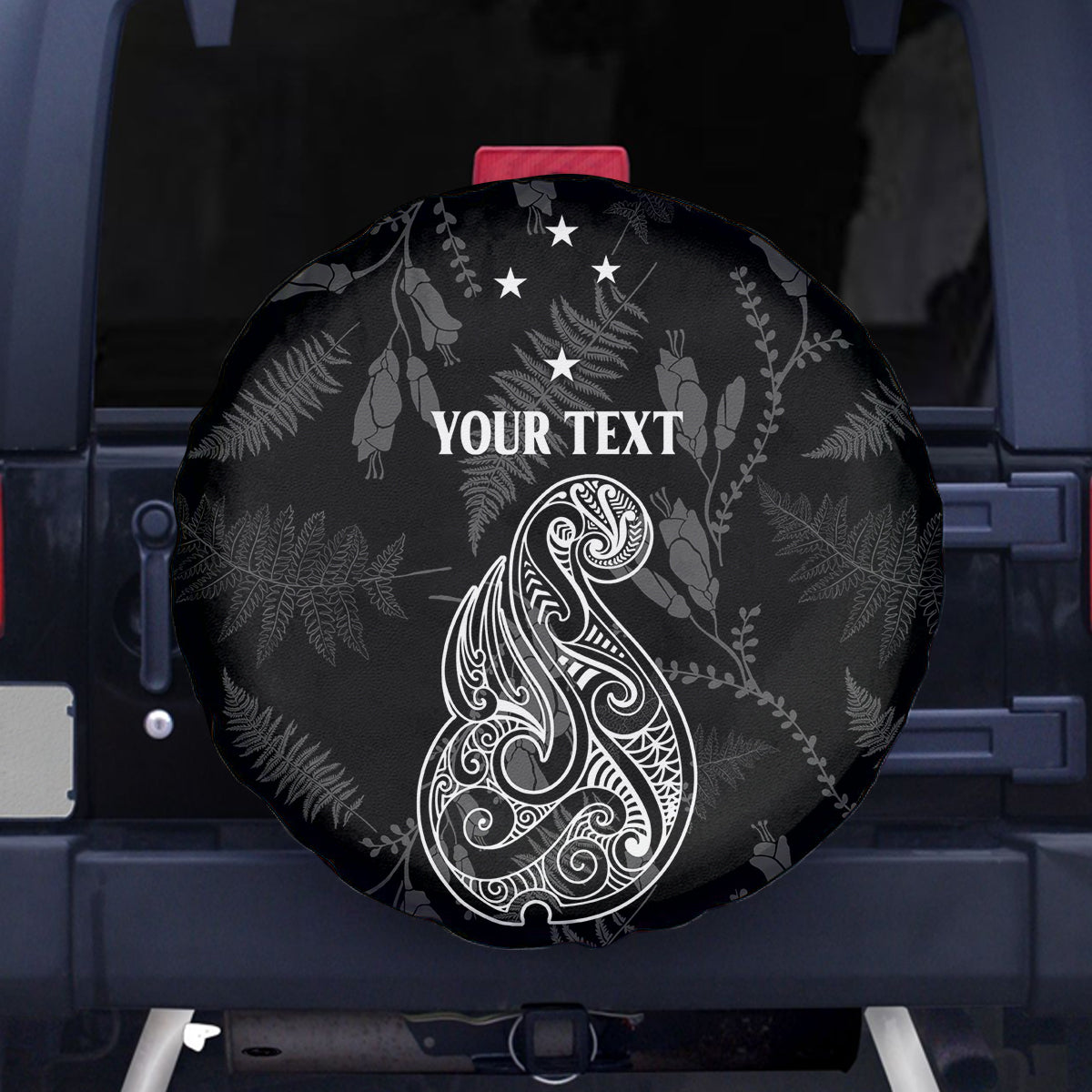 Personalised Maori Waitangi Spare Tire Cover New Zealand Silver Fern Mix Kowhai Flowers LT7 Black - Polynesian Pride