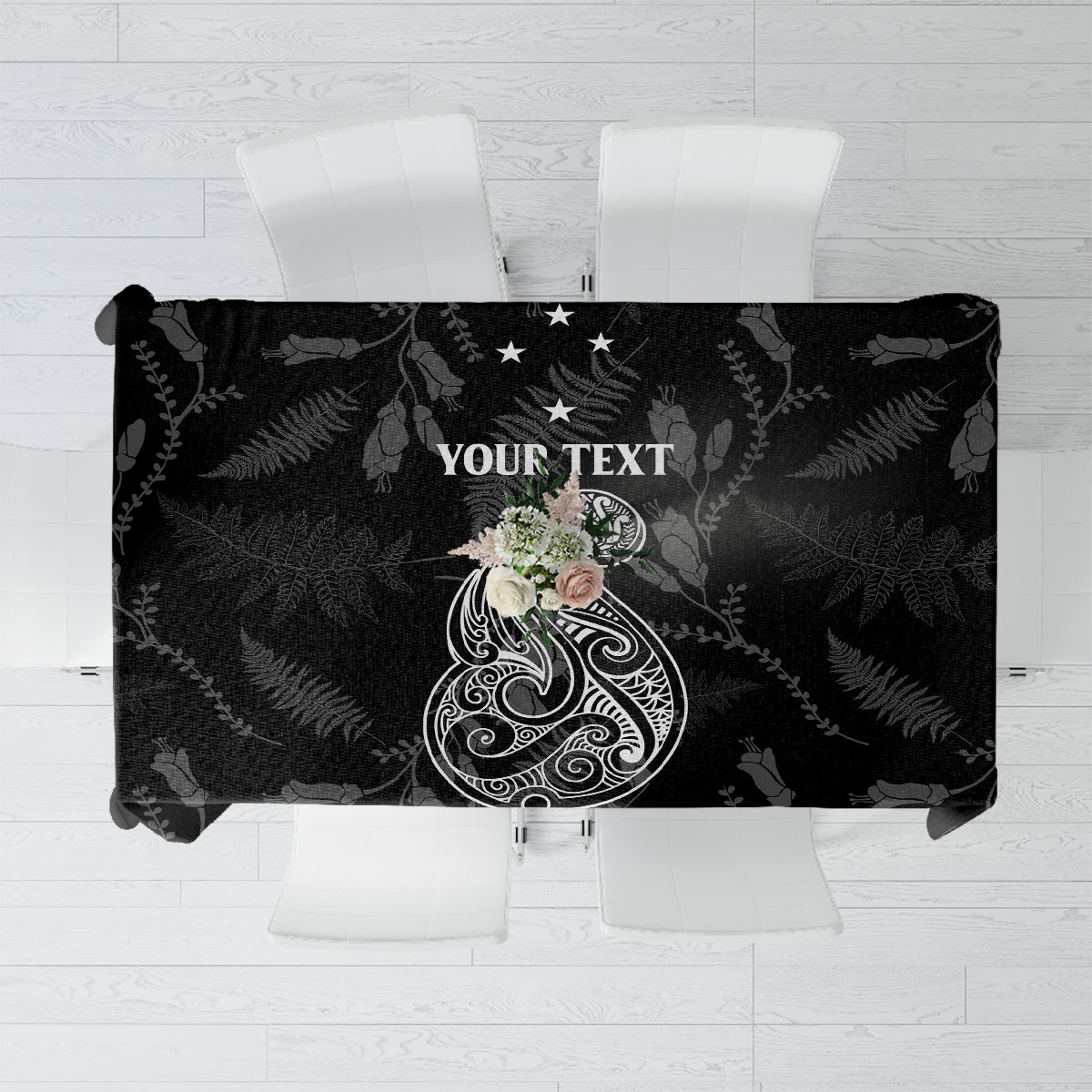 Personalised Maori Waitangi Tablecloth New Zealand Silver Fern Mix Kowhai Flowers LT7 Black - Polynesian Pride