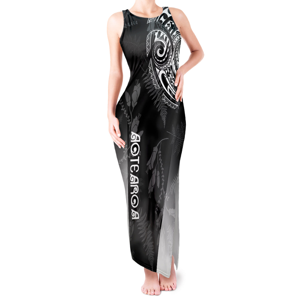 Personalised Maori Waitangi Tank Maxi Dress New Zealand Silver Fern Mix Kowhai Flowers LT7 Women Black - Polynesian Pride