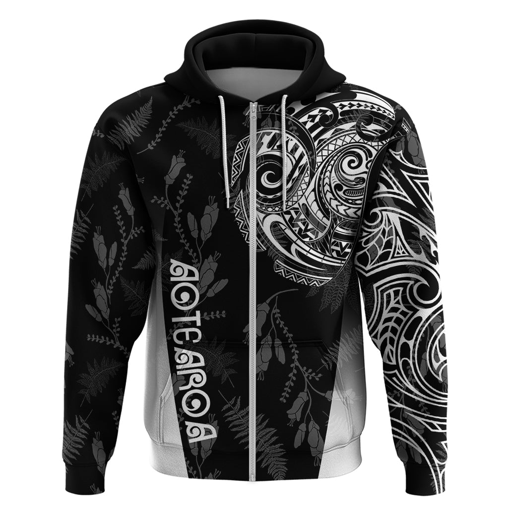 Personalised Maori Waitangi Zip Hoodie New Zealand Silver Fern Mix Kowhai Flowers LT7 Zip Hoodie Black - Polynesian Pride