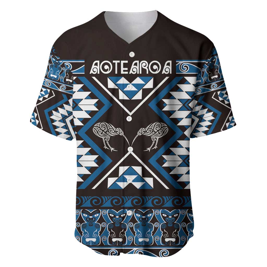 Personalised Taniko Motifs Aotearoa Baseball Jersey Waitangi Kowhaiwhai Kiwi - Blue