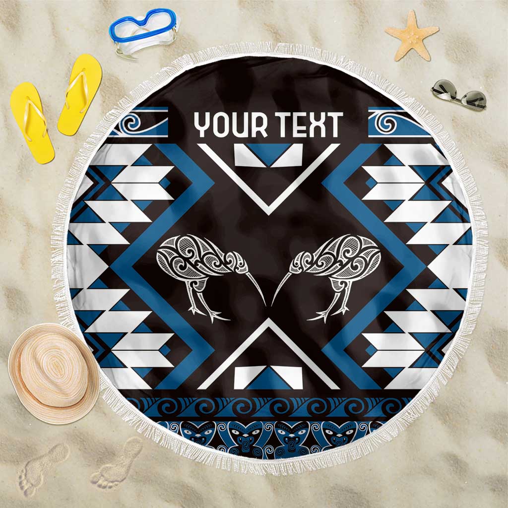 Personalised Taniko Motifs Aotearoa Beach Blanket Waitangi Kowhaiwhai Kiwi - Blue