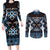 Personalised Taniko Motifs Aotearoa Couples Matching Long Sleeve Bodycon Dress and Long Sleeve Button Shirt Waitangi Kowhaiwhai Kiwi - Blue