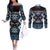 Personalised Taniko Motifs Aotearoa Couples Matching Off The Shoulder Long Sleeve Dress and Long Sleeve Button Shirt Waitangi Kowhaiwhai Kiwi - Blue