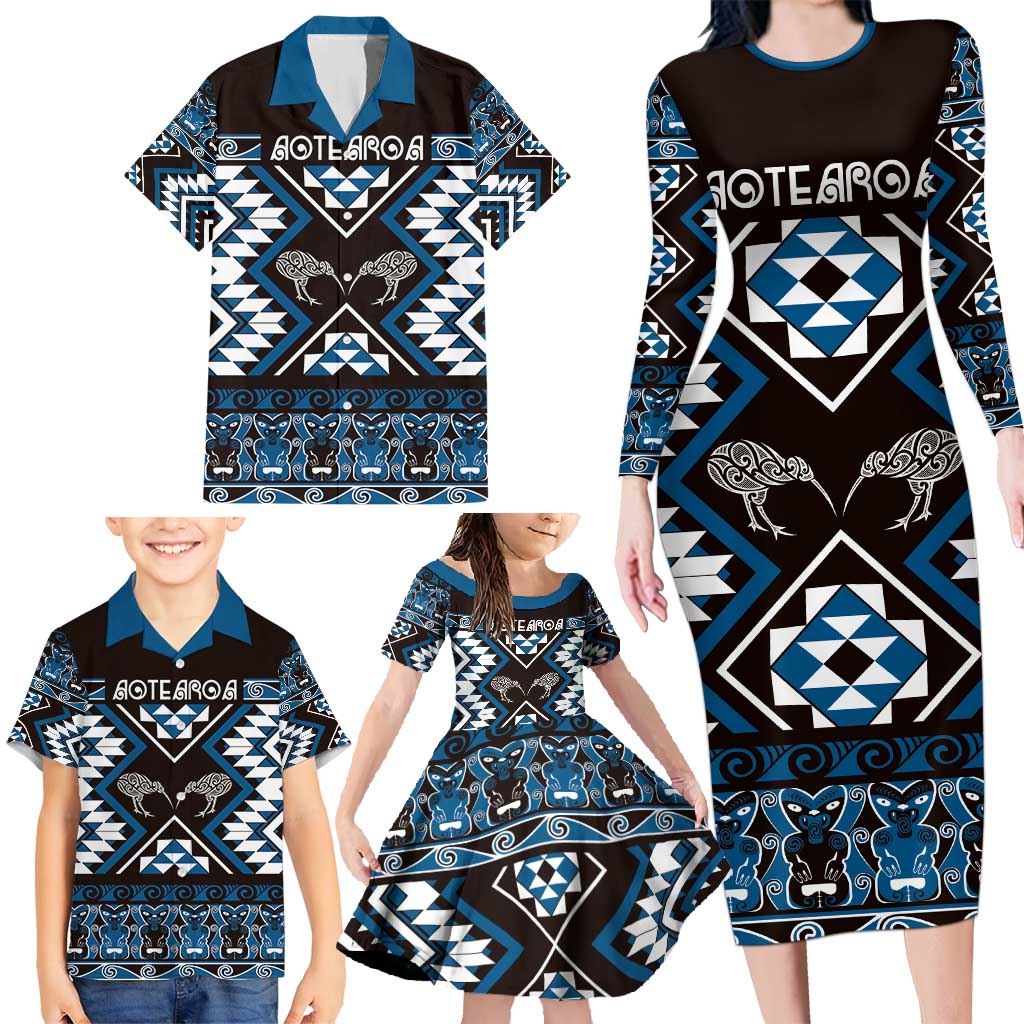 Personalised Taniko Motifs Aotearoa Family Matching Long Sleeve Bodycon Dress and Hawaiian Shirt Waitangi Kowhaiwhai Kiwi - Blue