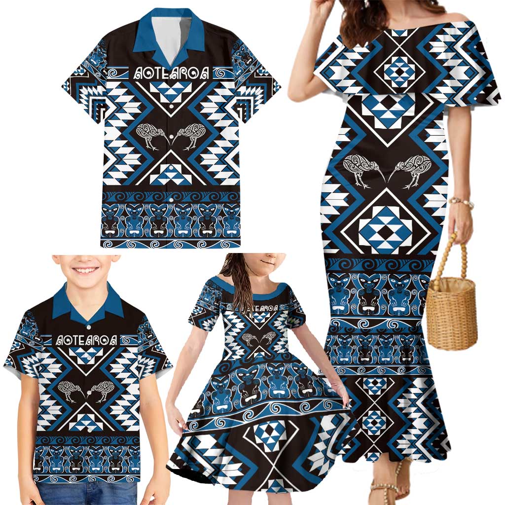 Personalised Taniko Motifs Aotearoa Family Matching Mermaid Dress and Hawaiian Shirt Waitangi Kowhaiwhai Kiwi - Blue