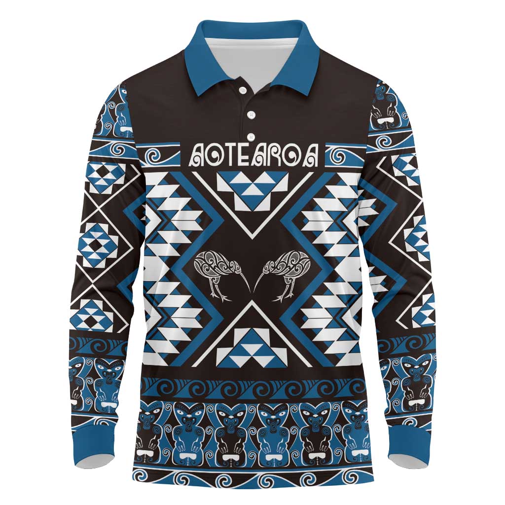 Personalised Taniko Motifs Aotearoa Long Sleeve Polo Shirt Waitangi Kowhaiwhai Kiwi - Blue LT7 Blue - Polynesian Pride